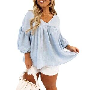 Impressions Crinkle Cotton Boho Flowy Blouse Size 2x Pastel Blue Peasant Casual